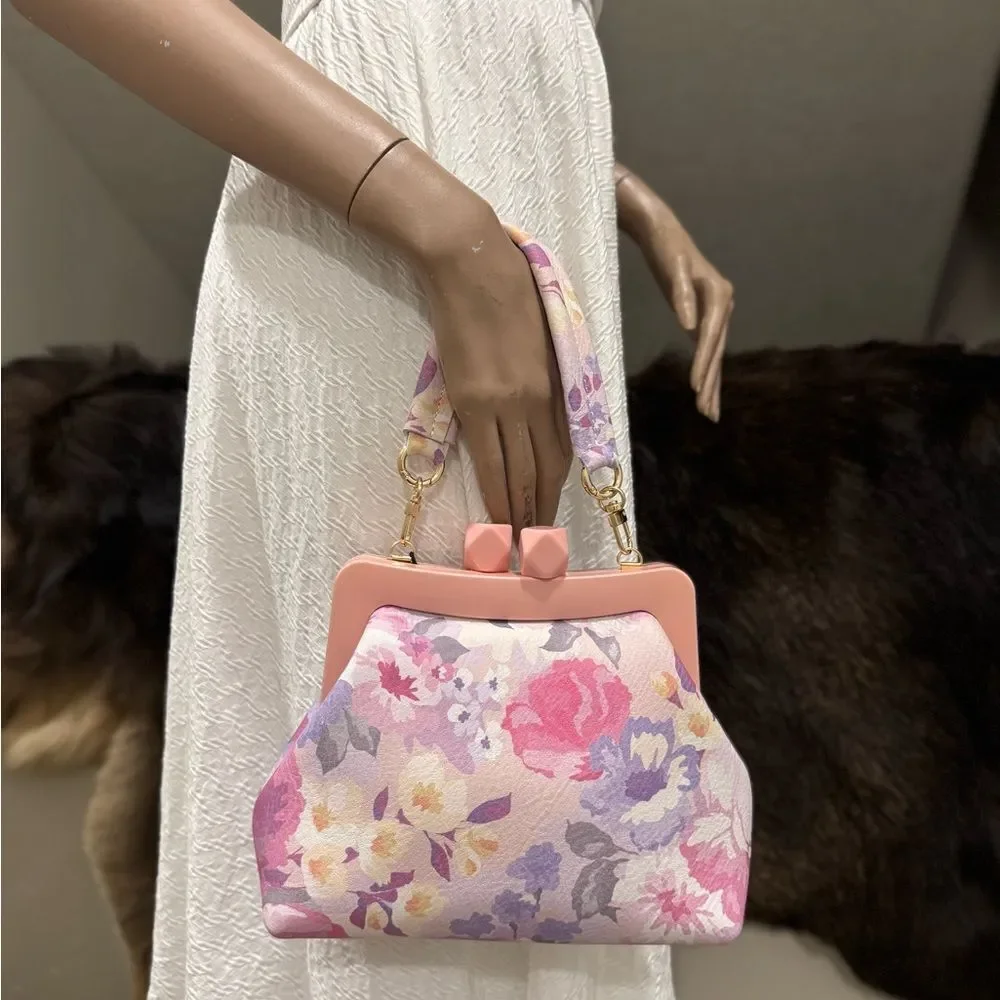 Floral Print Cowhide Leather Handmade Acrylic Frame Clutch Bag, 3 Straps Style